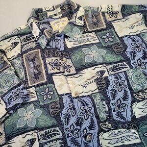 Bamboo Cay Mens L Large‎ Hawaiian Short Sleeve Button Up Vintage Blue Shirt